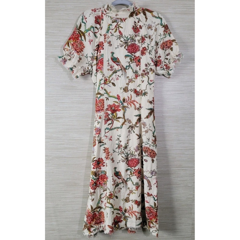 Anthropologie Cream Floral Wrap Midi Dress with Pink & Green Blooms - Picture 2 of 9